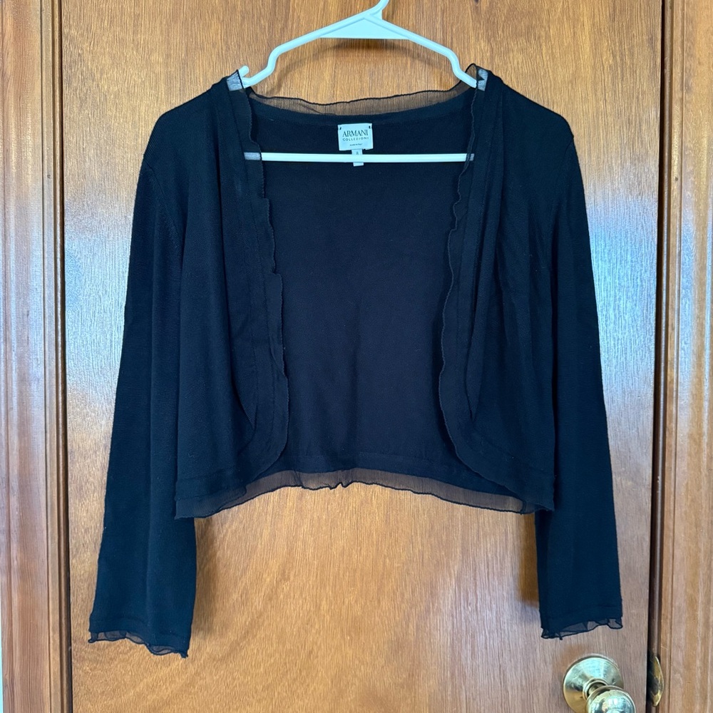 Armani Collezioni Black Cropped Mesh Trim Open-Front Cardigan